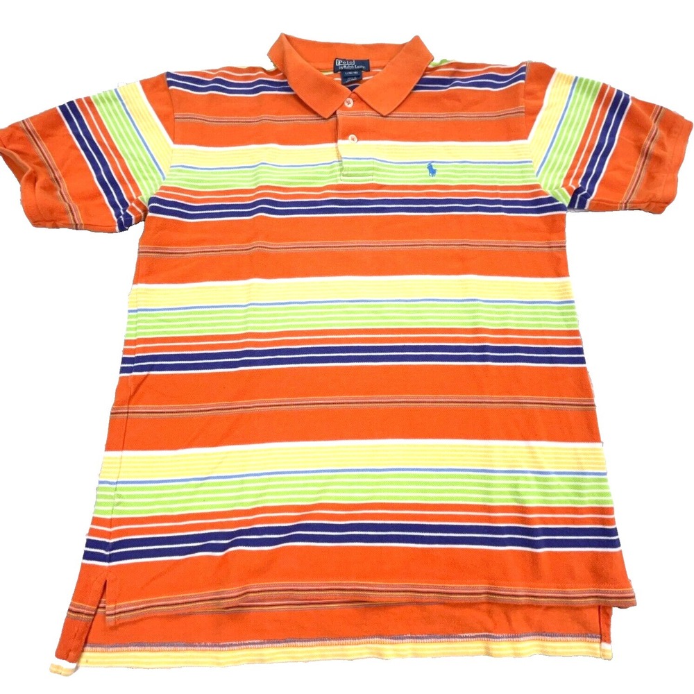 Vintage Ralph Lauren Polo Shirt Boys Large Orange Blue Striped Rugby Youth Kid *